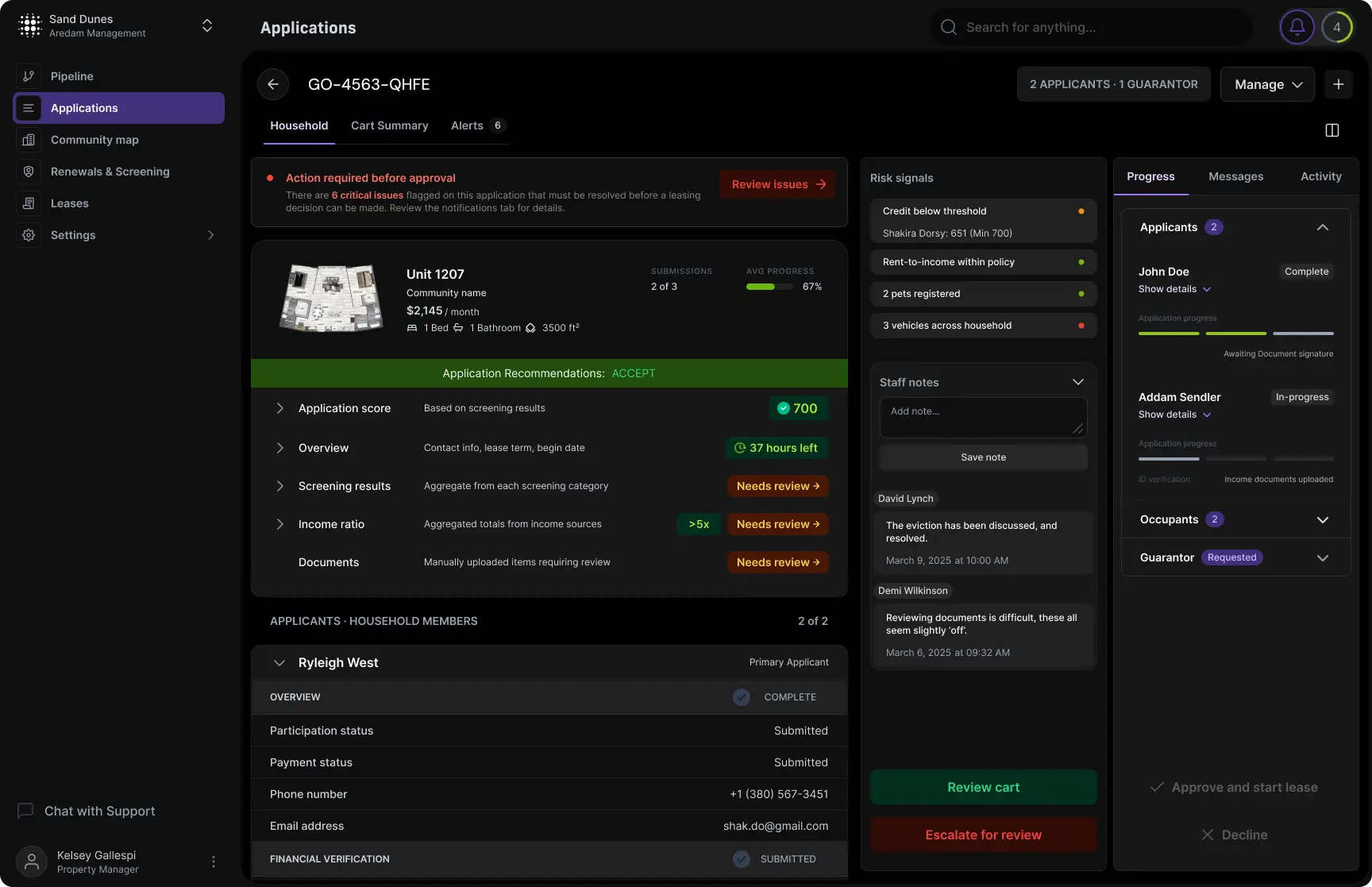 NOVY Applications: one leasing workflow unifying household, screening, and risk signals.