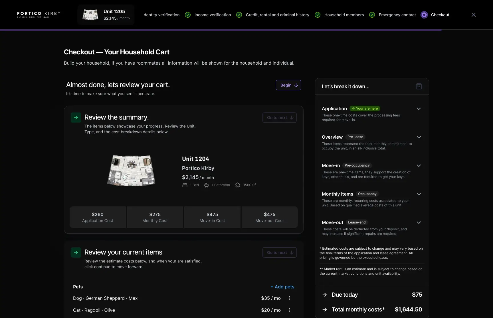 NOVY Checkout: the household cart showing an all-in breakdown of every charge.