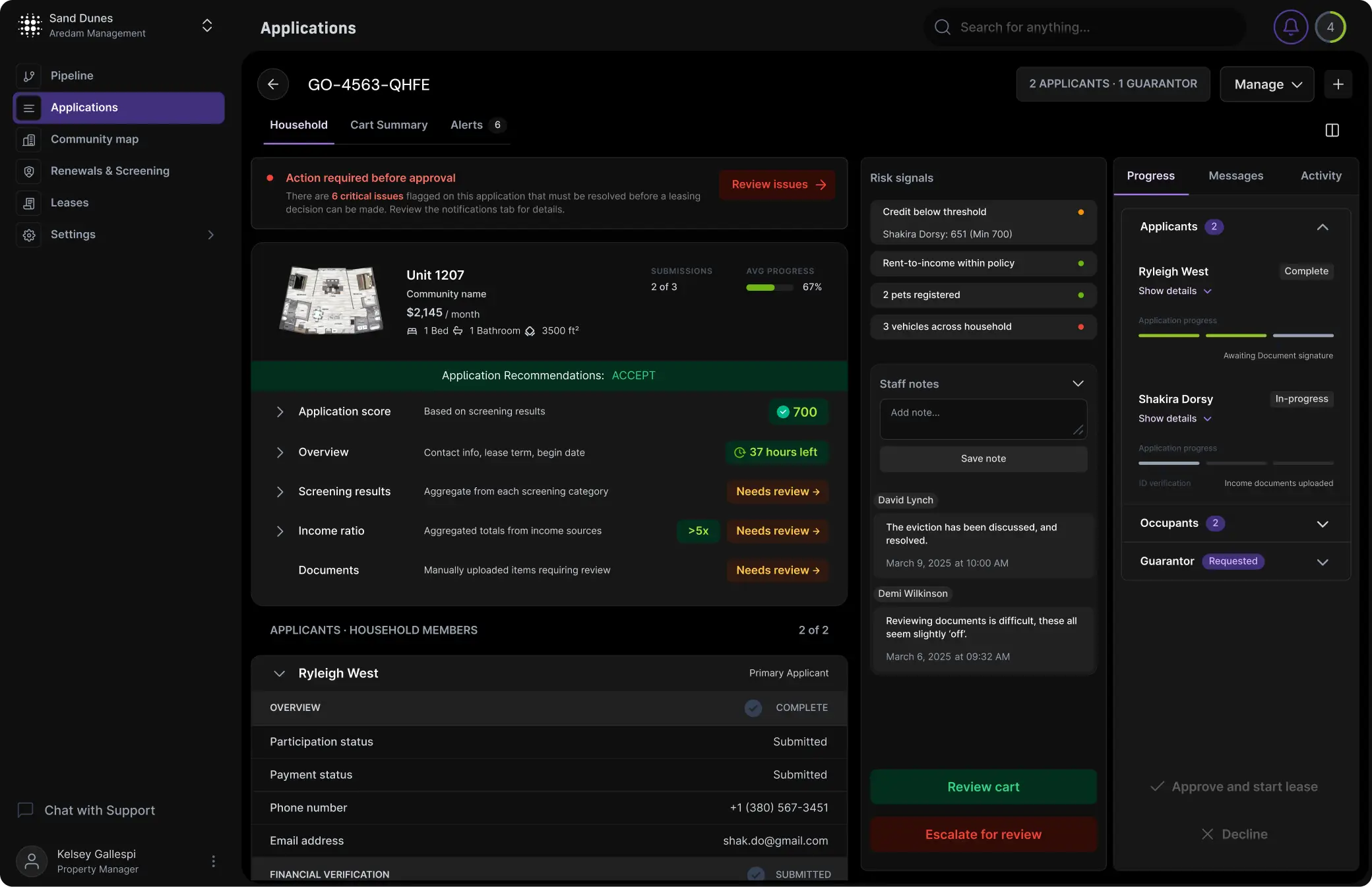 NOVY application view showing income-ratio and screening progress with source-connected income and employment verification