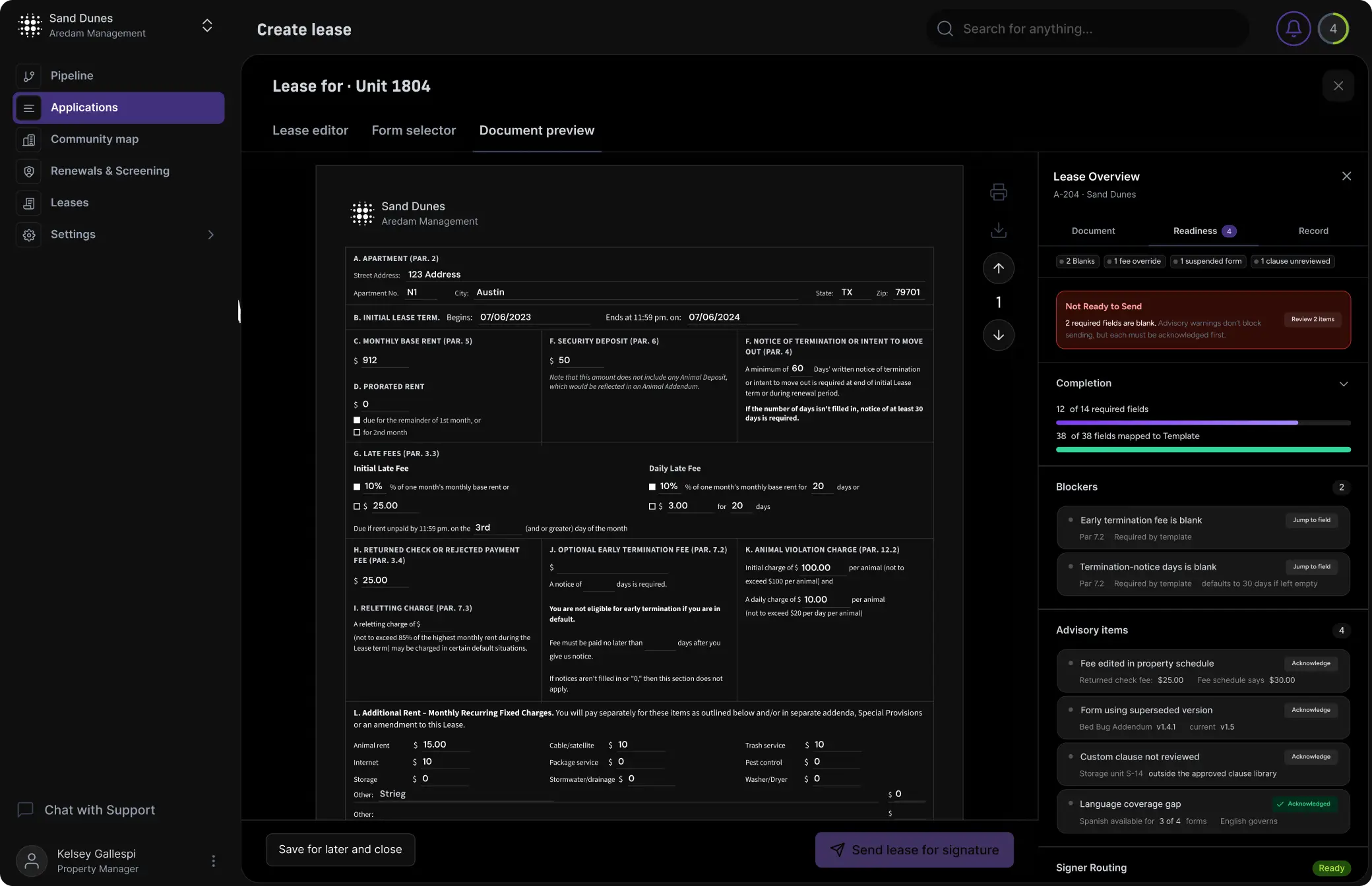 NOVY Create Lease document preview with lease-overview readiness, completion progress, and guided signer routing