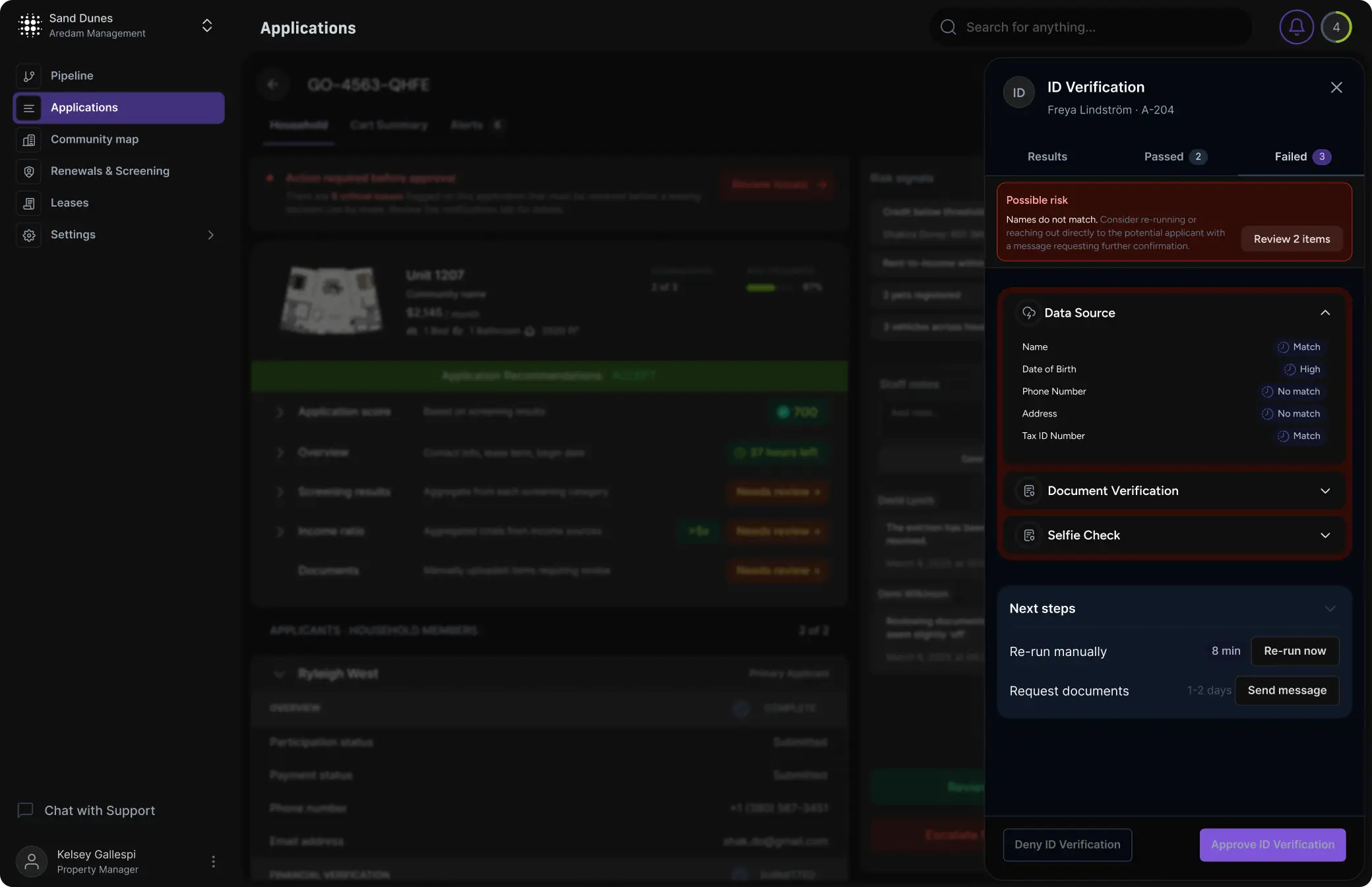NOVY admin ID verification panel showing data-source matches and pass/fail screening results connected to the applicant record